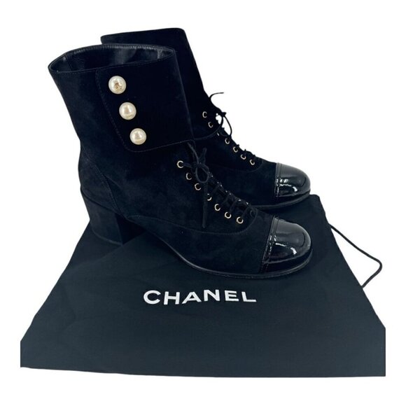 Chanel Suede Pearl CC Logo Patent Cap Toe Short Boots - Picture 2 of 16